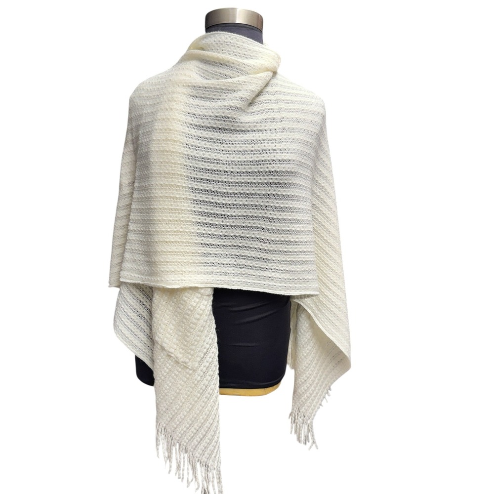 Charming Charlie Ivory Woven Fringe Wrap Shawl Poncho Knit Acrylic Tassel Cape